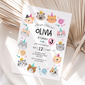 Invitation d'anniversaire personnalisée de fille de chat | Invitation imprimable de partie de fille de chat | Facile à imprimer et à partager | Livraison rapide