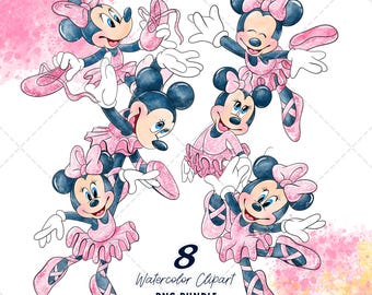 Minnie Ballerina Clipart PNG Bundle, Watercolor Hand Drawn Illustrations, Digital Download