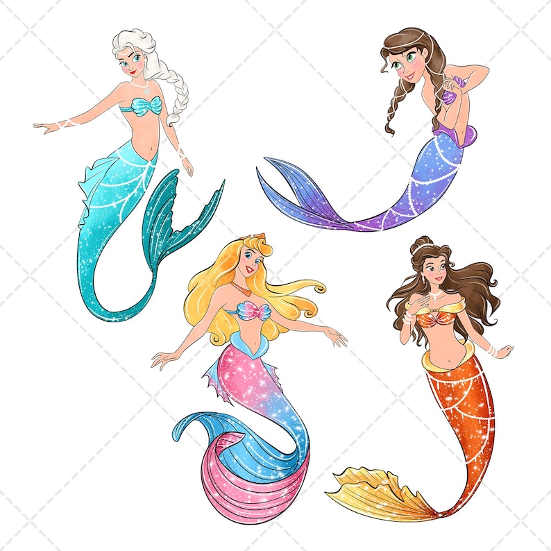 Mermaid Princess Clipart PNG Bundle, Watercolor Hand Drawn ...