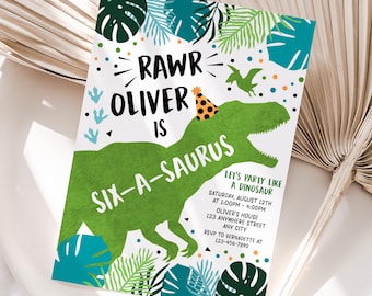Dinosaur 6th Birthday Invitation – Personalized Kids Party Invite – 5x7 or 4x6 JPG/PDF Digital Download