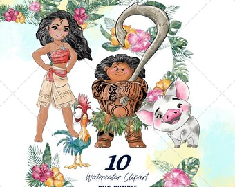 Moana Clipart PNG Bundle, Watercolor Hand Drawn Illustrations, Digital Download