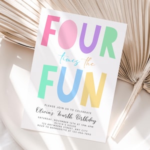 Invitation personnalisée d'anniversaire de fille colorée | Fille imprimable quatre fois plus d'invitations à une fête | Facile à imprimer et à partager