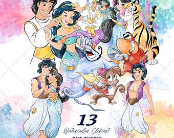 Aladdin Clipart PNG Bundle, Watercolor Hand Drawn Illustrations, Digital Download