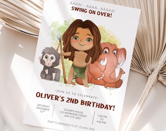Baby Tarzan Birthday Invitation, Editable Canva Template (Digital Download)