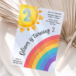 Gepersonaliseerde 2e regenboogverjaardagsuitnodiging | Afdrukbare tweede aquarel regenboogfeestuitnodiging | Eenvoudig afdrukken en delen | Snelle levering