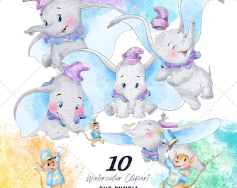 Dumbo Clipart PNG Bundle, Watercolor Hand Drawn Illustrations, Digital Download