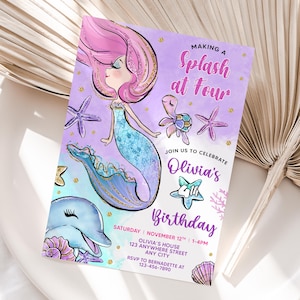 Invitation personnalisée d'anniversaire de sirène | Quatrième invitation de fête d'anniversaire de sirène imprimable | Facile à imprimer ou à partager en ligne