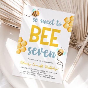 Gepersonaliseerde 7e verjaardagsuitnodiging | Afdrukbare Bee Seventh Party-uitnodiging | Eenvoudig afdrukken en delen | Snelle levering