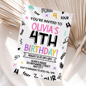 Faire-part d'anniversaire personnalisé pour fille | Invitation fête quatrième fille | Facile à imprimer et à partager | Livraison rapide