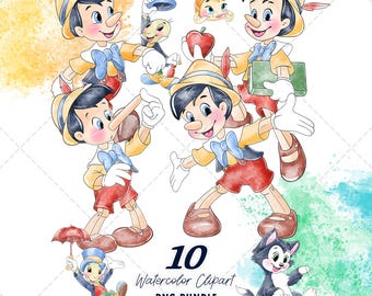 Pinokkio clipart png bundel, aquarel handgetekende illustraties, digitale download