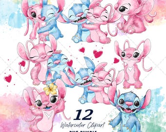 Stitch and Angel Clipart PNG Bundle, Watercolor Hand Drawn Illustrations, Digital Download