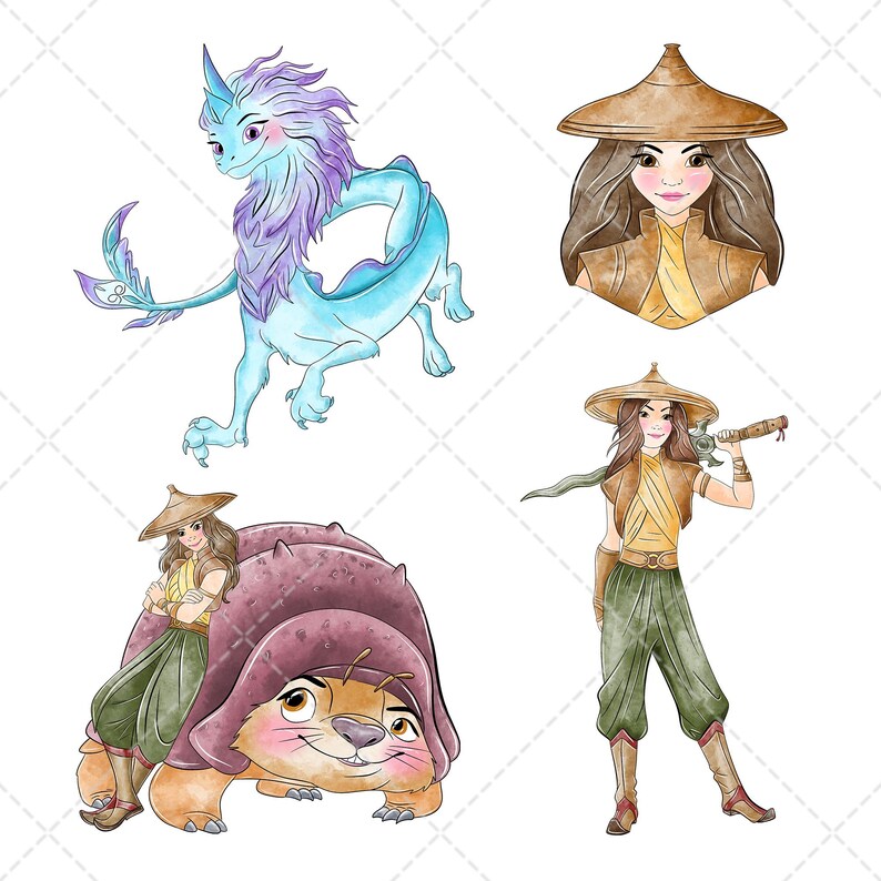 Raya Clipart PNG Bundle, Watercolor Hand Drawn Illustrations, Digital ...