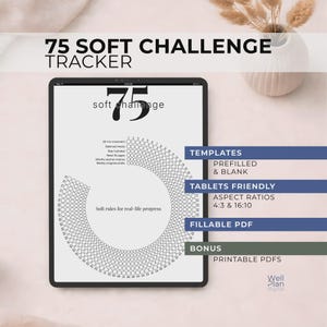 May include: A digital 75 Soft Challenge Tracker displayed on a tablet. The tracker features a circular design with spaces for daily progress. Text includes "75 Soft Challenge Tracker," "Templates," "Tablets Friendly," and "Fillable PDF." The design is in black and white.