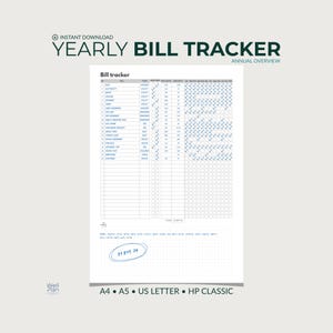 Seguimiento de facturas imprimible / Registro de pagos mensuales y anuales / Planificador de presupuesto / Resumen anual / Tamaño carta (A4, A5, EE. UU.)