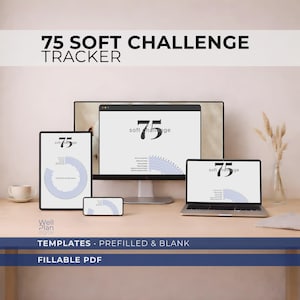 May include: A digital 75 Soft Challenge Tracker displayed on a desktop computer, tablet, smartphone, and laptop. The tracker is white with a blue progress indicator. The text "75 Soft Challenge Tracker" is at the top.