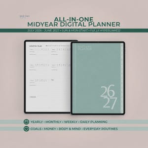 Midyear Digital Planner 2026-2027, ADHD Hyperlinked Planner, GoodNotes Notability Notebook, July Start