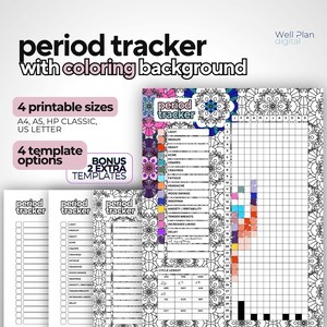 May include: A printable period tracker with a coloring background. The tracker includes a calendar, a list of symptoms, and a section for tracking cycle length. The background is a black and white mandala design.