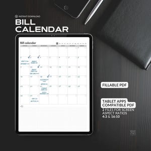 Digital Monthly Bill Calendar, Financial Planner, Payment Checklist  (Editable/Fillable PDF, Digital Download)