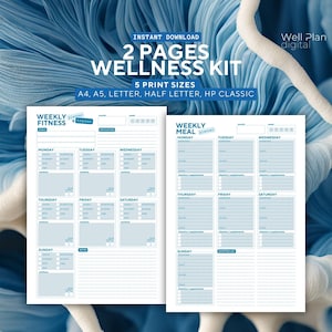 Rastreador de actividad física azul / Planificador de entrenamiento y comidas imprimible / Kit de bienestar / Plantilla de diario / Registro de vitaminas / Formatos A4, A5, Media carta, HP, etc.