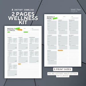 Rastreador de actividad física gris / Planificador de entrenamiento y comidas imprimible / Kit de bienestar / Plantilla de diario / Registro de vitaminas / A4, A5, Media carta, HP, etc.