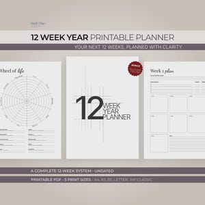 Op de afbeelding: Een afdrukbare 12-wekelijkse jaarplanner met een witte achtergrond. De planner bevat een levenswiagram, een wekelijkse planindeling en een centrale pagina met de tekst "12 WEEK YEAR PLANNER". De planner is verkrijgbaar in 5 afdrukformaten.