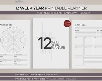 Planificador anual imprimible de 12 semanas / Sistema de establecimiento de objetivos de 90 días y diario de productividad trimestral con rueda de la vida