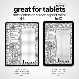 May include: Two black tablets displaying a "healthy eating tracker" with a mandala-style background. The text "great for tablets" and "most common screen aspect ratios" is at the top. The tablets are shown in 4:3 and 16:10 ratios, with pixel dimensions listed below each.