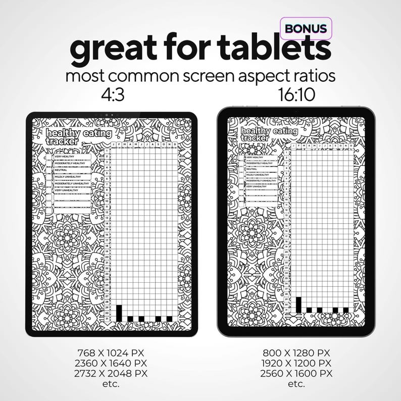 May include: Two black tablets displaying a "healthy eating tracker" with a mandala-style background. The text "great for tablets" and "most common screen aspect ratios" is at the top. The tablets are shown in 4:3 and 16:10 ratios, with pixel dimensions listed below each.