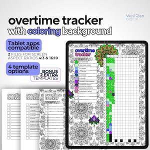 Puede incluir: Rastreador de horas extras digital con fondo para colorear. La imagen muestra una tableta que muestra una plantilla detallada de seguimiento de horas extras con un diseño de mandala. También se anuncian plantillas adicionales y compatibilidad con aplicaciones.