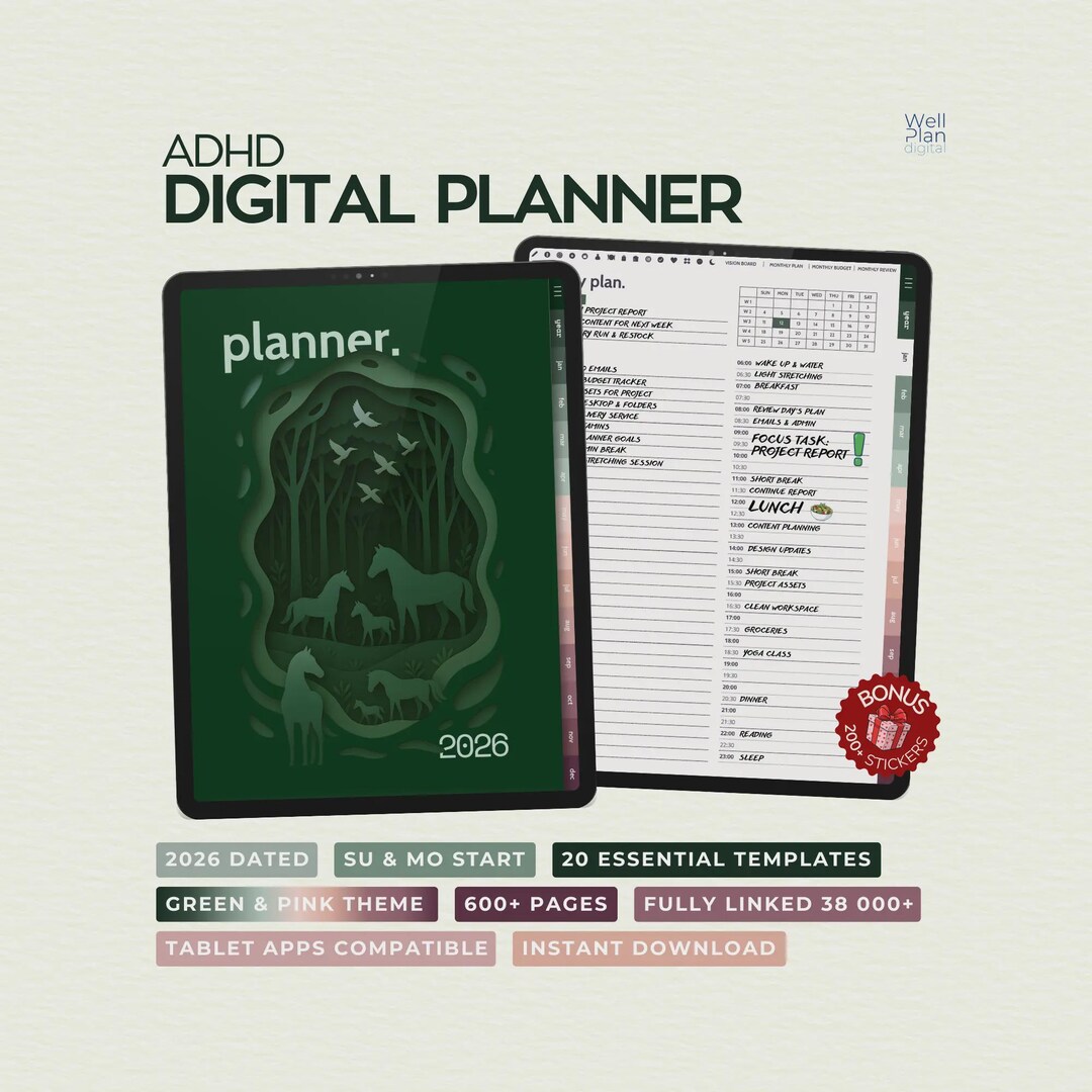ADHD Digital Planner, Dated Notebook 2026 for iPad Android and Windows ...