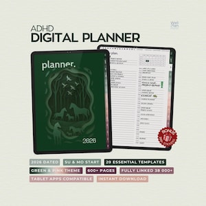 May include: Two digital planners, one open to a daily schedule and the other displaying a forest scene with horses. The cover reads "planner" and "2026". Text includes "ADHD DIGITAL PLANNER", "20 essential templates", and "600+ pages".