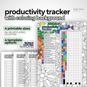 May include: A printable productivity tracker with a colorful floral design. The tracker includes a daily checklist with categories such as "Super Productive", "Productive", "Moderately Productive", "Low Productivity", "Unproductive", "Completed All Tasks", "Progress on a Big Goal", "Learned Something New", "Needed a Break", "Clear Focus", "Easily Distracted", "High Energy", "Tired/Low Energy", "Good Time Management", and "Poor Time Management".