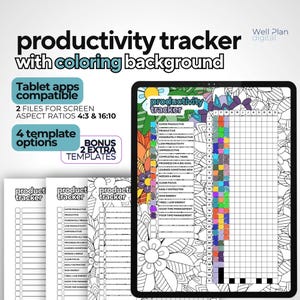 以下が含まれることがあります： タブレットアプリに対応した、塗り絵背景のデジタル生産性トラッカー。画像には、カラフルなトラッカーを表示するタブレットと、3つの印刷されたテンプレートが表示されています。テキストには「productivity tracker」と「4 template options」が含まれています。