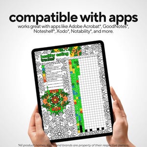 May include: A tablet displaying a "healthy eating tracker" with a colorful mandala design. The screen shows a grid for tracking food intake, with color-coded sections for different health levels. The text "compatible with apps" is at the top.
