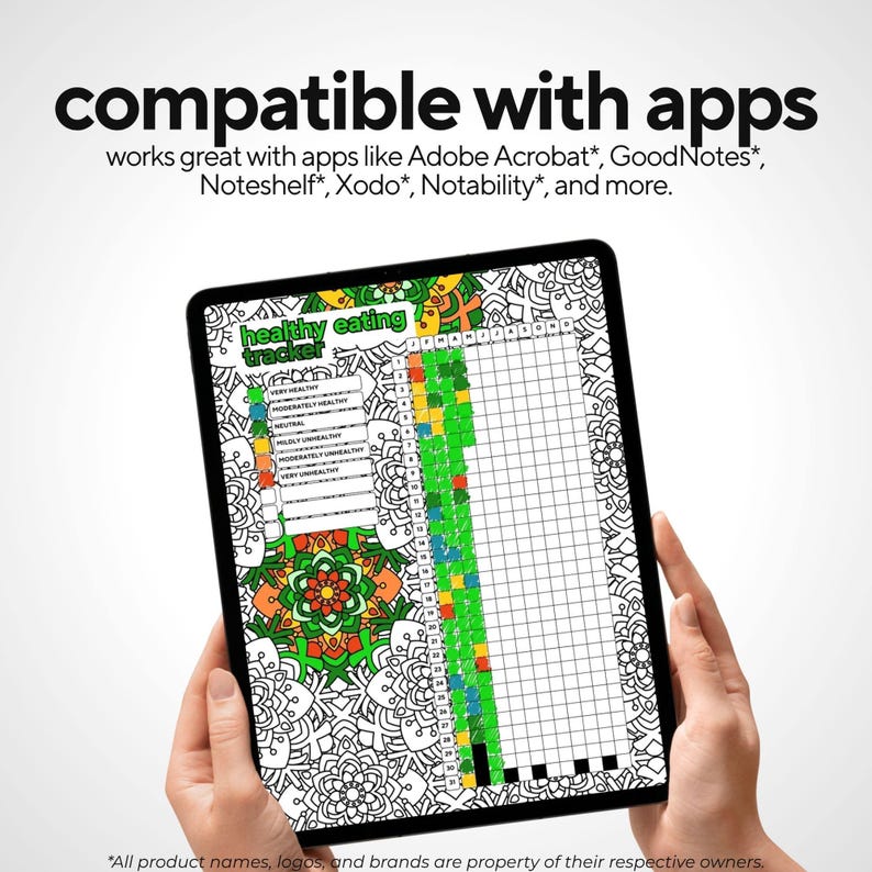 May include: A tablet displaying a "healthy eating tracker" with a colorful mandala design. The screen shows a grid for tracking food intake, with color-coded sections for different health levels. The text "compatible with apps" is at the top.
