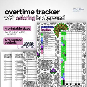 Registro de horas extra imprimible con página para colorear de mandalas / Registro de horas de trabajo / Planificador diario y anual (PDF) / Plantilla A4, A5, HP Classic, Carta de EE. UU.