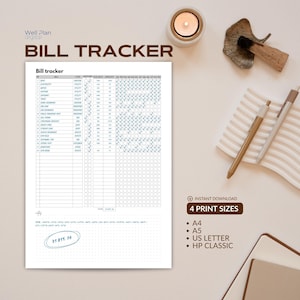 Può includere: Un modello digitale per il monitoraggio delle bollette con una tabella che include colonne per nome, tipo, data di scadenza e importo, oltre a caselle di controllo mensili. Il documento riporta il testo "Well Plan digital" e "BILL TRACKER".