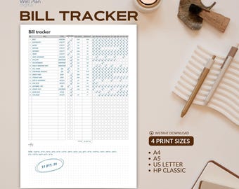 Könnte beinhalten: Eine digitale Rechnungs-Tracker-Vorlage mit einer Tabelle für Rechnungsname, Typ, Fälligkeitsdatum und Betrag sowie monatlichen Kontrollkästchen. Das Dokument enthält den Text "Well Plan digital" und "BILL TRACKER" mit einer Summe von 31.819,76.