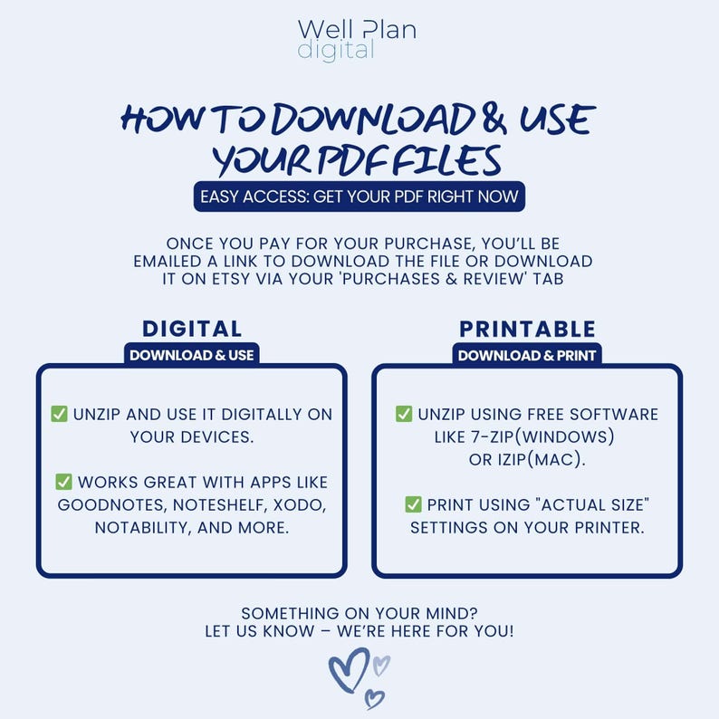 May include: A digital download guide with instructions on how to download and use PDF files. The guide includes steps for digital use on devices and printing instructions. The text is in a dark blue font on a white background.