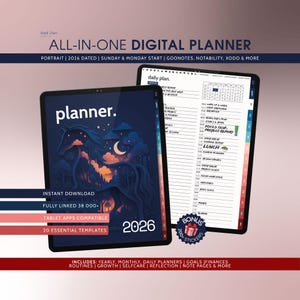 May include: Two digital planners are displayed, one open to a daily plan and the other showing a horse illustration. The text on the planner includes "ALL-IN-ONE DIGITAL PLANNER", "2026", and "20 essential templates". A bonus sticker is also included.