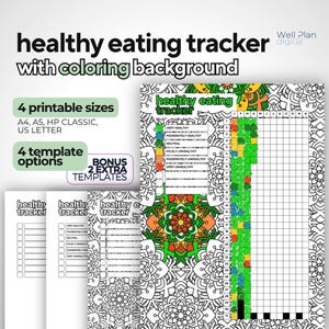 Registro de alimentación saludable imprimible con página para colorear, registro diario de nutrición, registro de hábitos de bienestar / A4, A5, Carta (EE. UU.), HP Classic