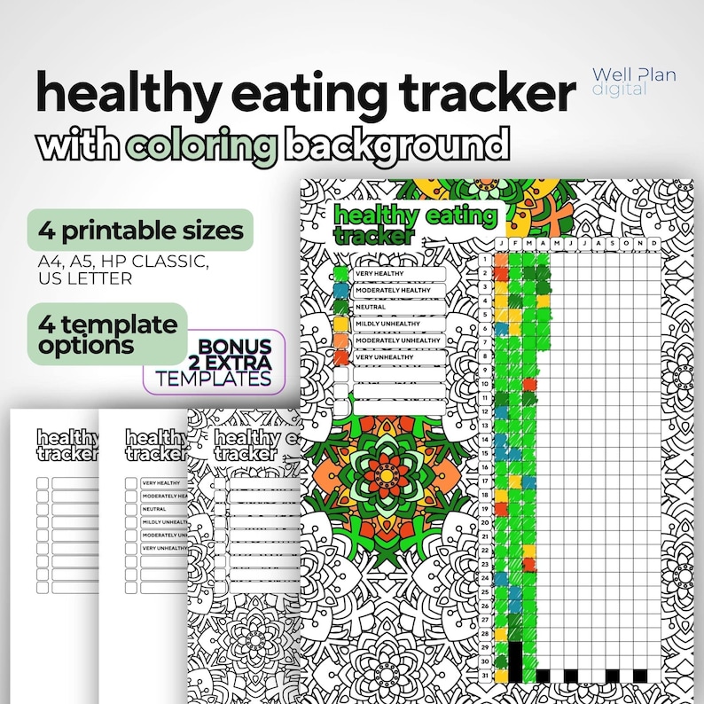 May include: A set of printable healthy eating trackers with coloring backgrounds. The trackers include a mandala design and a color-coded scale for tracking food intake. The image also shows the available sizes and template options.