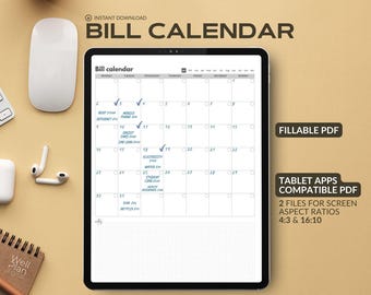 May include: A digital bill calendar displayed on a tablet. The screen shows a monthly calendar layout with checkmarks next to certain dates. The text "BILL CALENDAR" is at the top. Additional text includes "FILLABLE PDF" and "TABLET APPS COMPATIBLE PDF".
