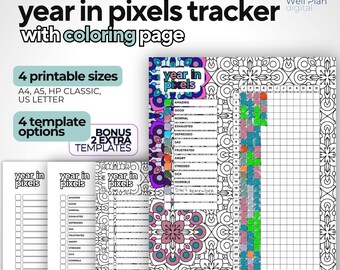 Printable Year in Pixels Tracker with Coloring Page | Daily Mood Journal, Rate My Day, Year in Review | A4, A5, HP Classic, US Letter
