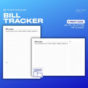 Registro de gastos, presupuesto mensual y registro de facturas imprimible, diseño vertical y horizontal, tamaño A4, A5, carta estadounidense, HP Classic, descarga instantánea.