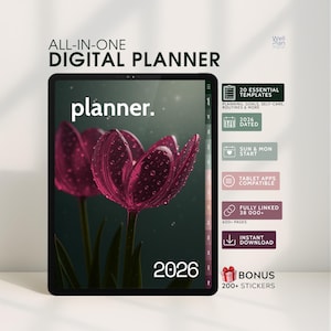 Planificador digital 2026 / Cuaderno con fecha todo en uno para iPad, Android y tabletas Windows / Diario con más de 600 páginas / Kit de pegatinas GRATIS