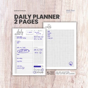Planificador diario imprimible de 2 páginas con horario de media hora, prioridades, seguimiento del estado de ánimo, balance hídrico y espacio de reflexión.