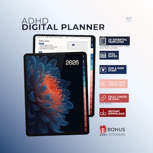 Könnte beinhalten: Zwei digitale Tablets, die einen digitalen ADHD-Planer anzeigen. Das vordere Tablet zeigt ein Blumendesign und das Jahr 2026. Der Planer enthält 20 Vorlagen, ist für 2026 datiert und ist mit Tablet-Apps kompatibel.