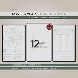 Puede incluir: Planificador digital con el texto "12 WEEK YEAR DIGITAL PLANNER" y "YOUR NEXT 12 WEEKS, PLANNED WITH CLARITY". El planificador incluye páginas para planificar y establecer objetivos, con una bonificación de 50 colores de portada. Compatible con Android.