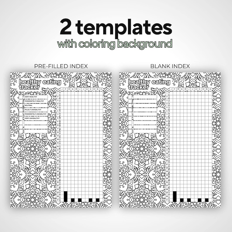 May include: Two black and white templates for a healthy eating tracker. The templates include a pre-filled index and a blank index, both with a mandala-style border and the text "healthy eating tracker".